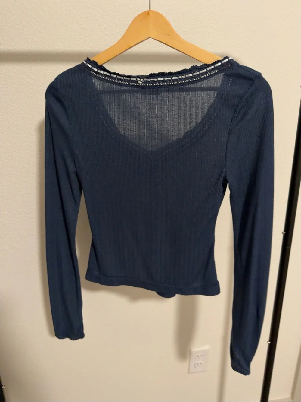 Free People Navy Blue Ribbed Long Sleeve Top Size M Y2K